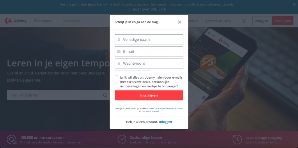 CTA inschrijfformulier Udemy