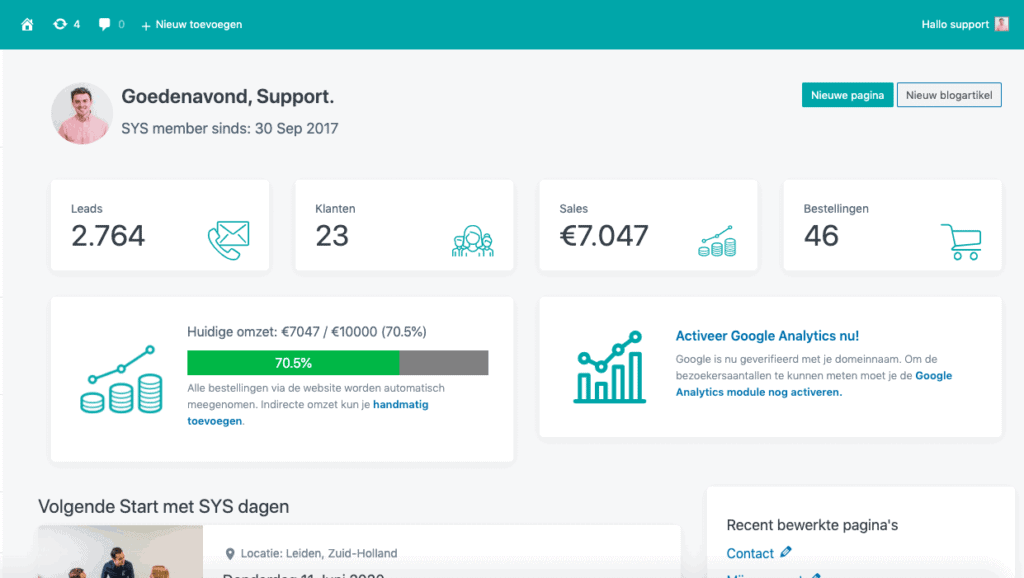 Dashboard online platform SYS