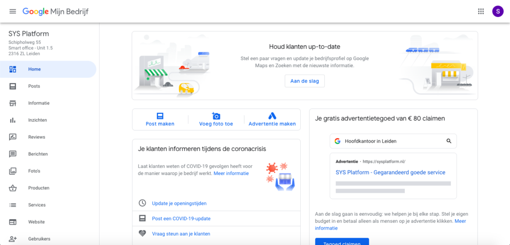 dashboard Google Mijn Bedrijf