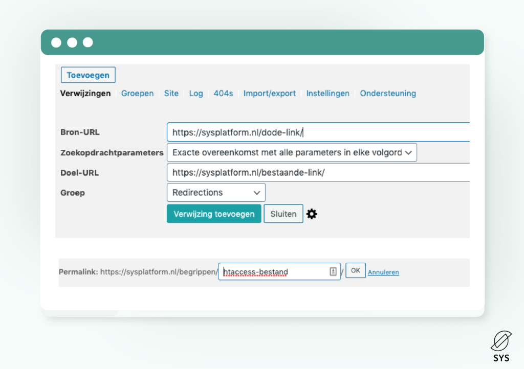 301 redirect met SYS Platform