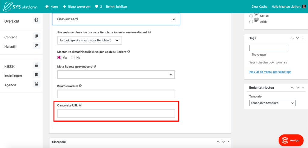 canonical URL toevoegen met SYS Platform